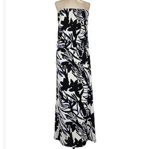 Tori Richard Honolulu Black/Blue/White Floral Printed Strapless Maxi Dress